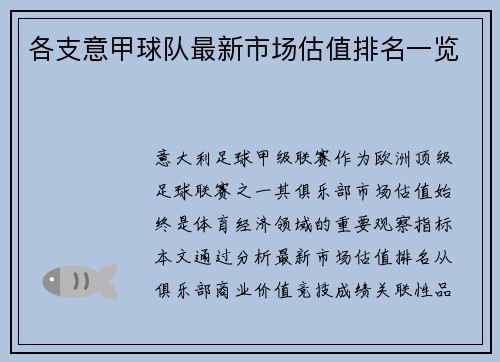 各支意甲球队最新市场估值排名一览