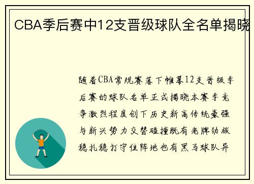 CBA季后赛中12支晋级球队全名单揭晓