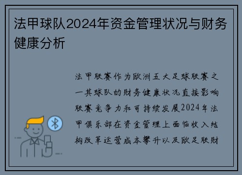 法甲球队2024年资金管理状况与财务健康分析